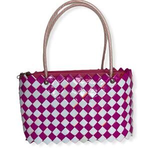 Plastic Pink and White Woven Basket Purse